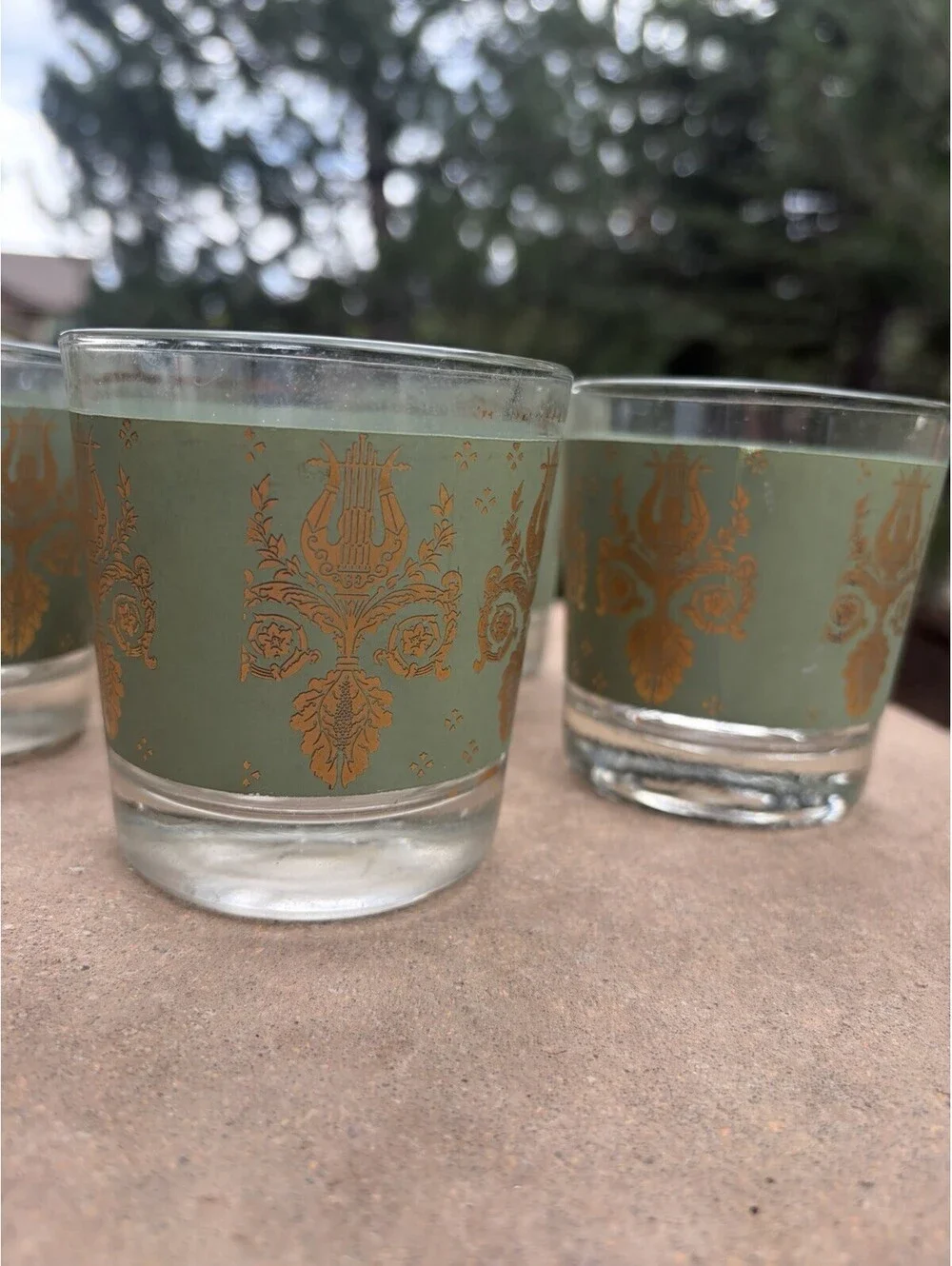 SET 5 Vintage Jeanette Glasses LAUREL & LYRE Green Gold Harp 1954 MCM